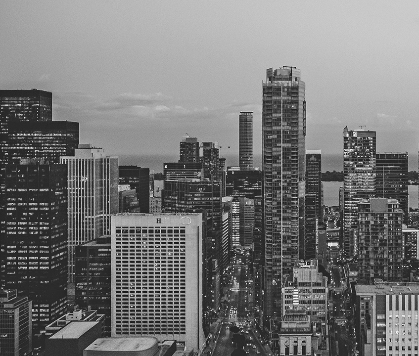 City skyline at dusk